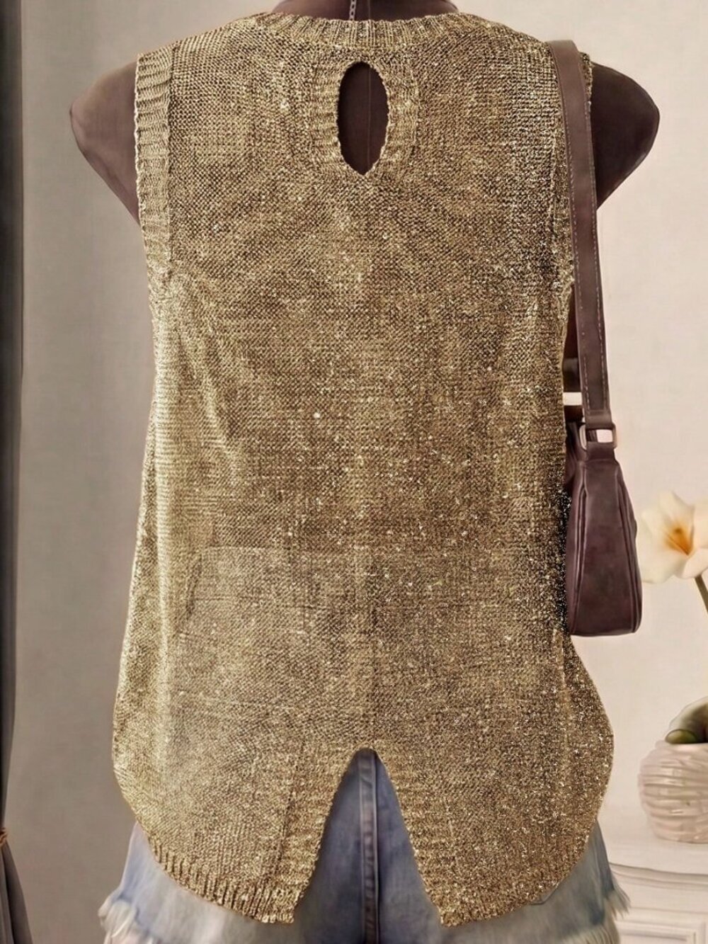 Gold Casual Women's Sleeveless Metallic Knit Top - Picture 3 of 4